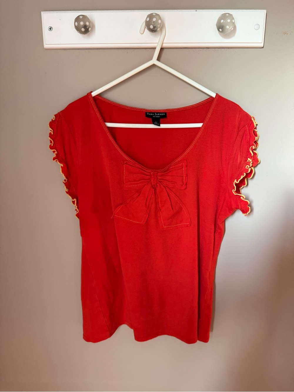 Tara Jarmon Vibrant Red Short Sleeve Top with Bow Detail